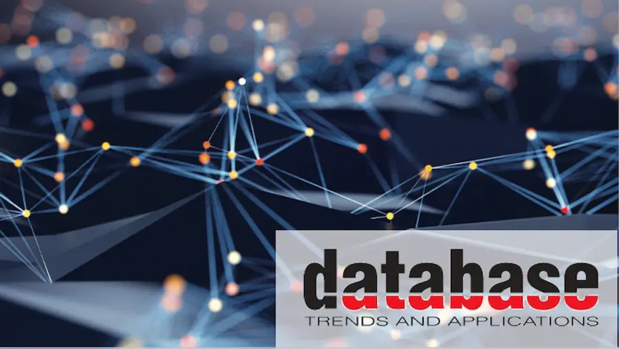 Database trends and applications text logo over a graph representation of data with a dark background